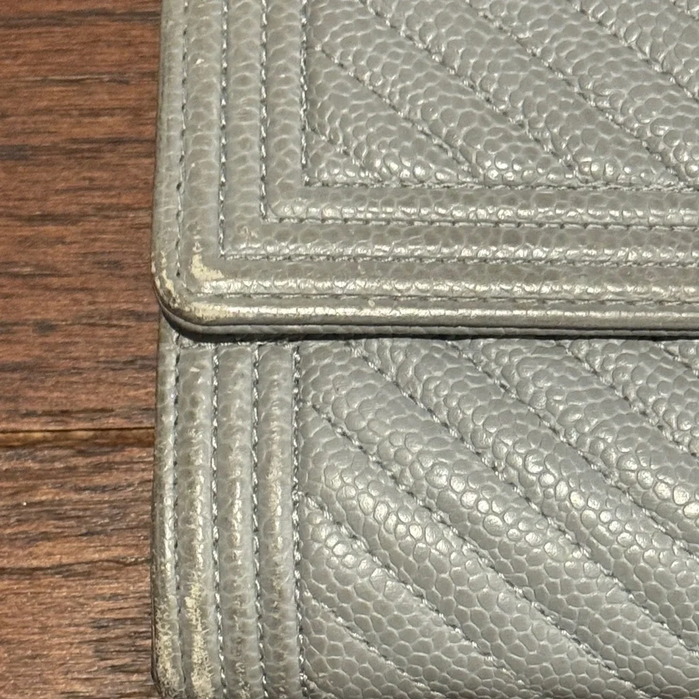CHANEL Silver Chevron Boy L Gusset Flap Wallet